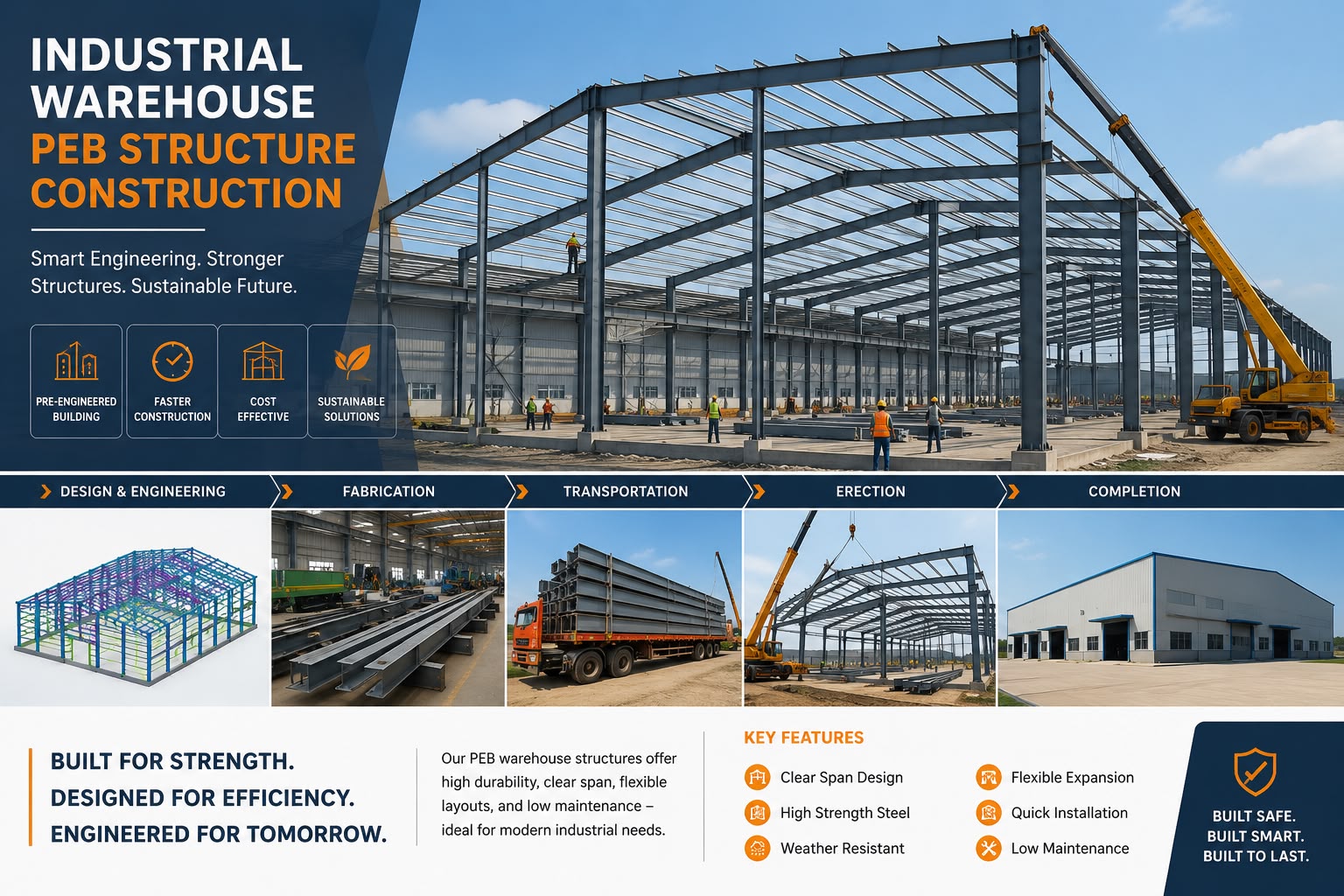 Industrial warehouse PEB structure construction — design & engineering, fabrication, transportation, erection and completion